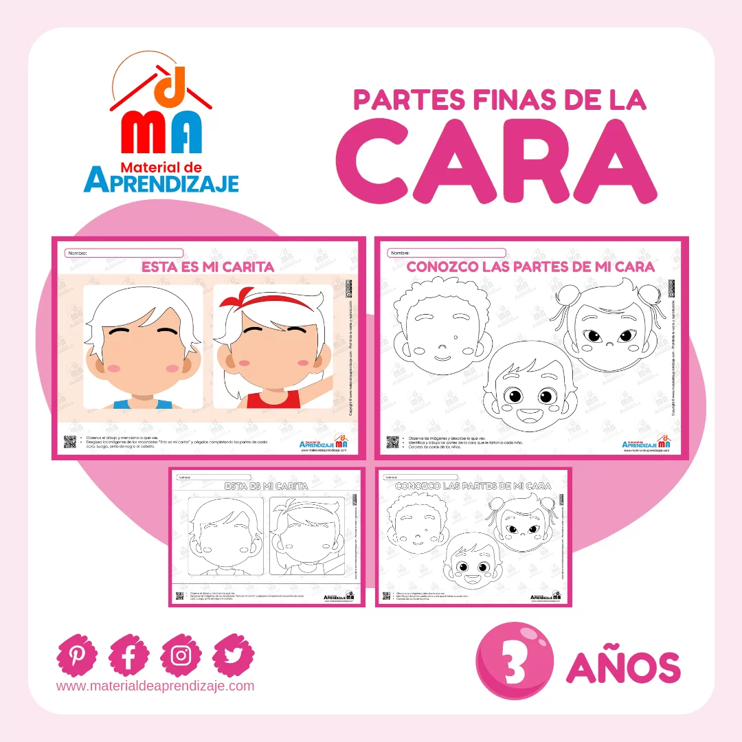 Las Partes de la Cara: Fichas Imprimibles para Niños de 3 Años